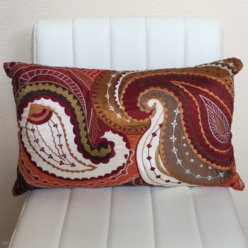 EUC Pier 1 Plush Pillow Burgundy Orange Cream Brown Gold